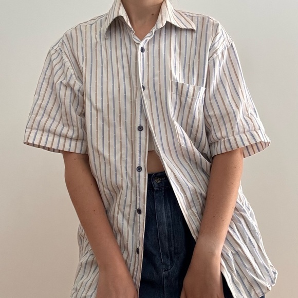 ARROW Striped SHORT SLEEVE BUTTON DOWN SHIRT - Blue - White - Tan - Picture 3 of 12